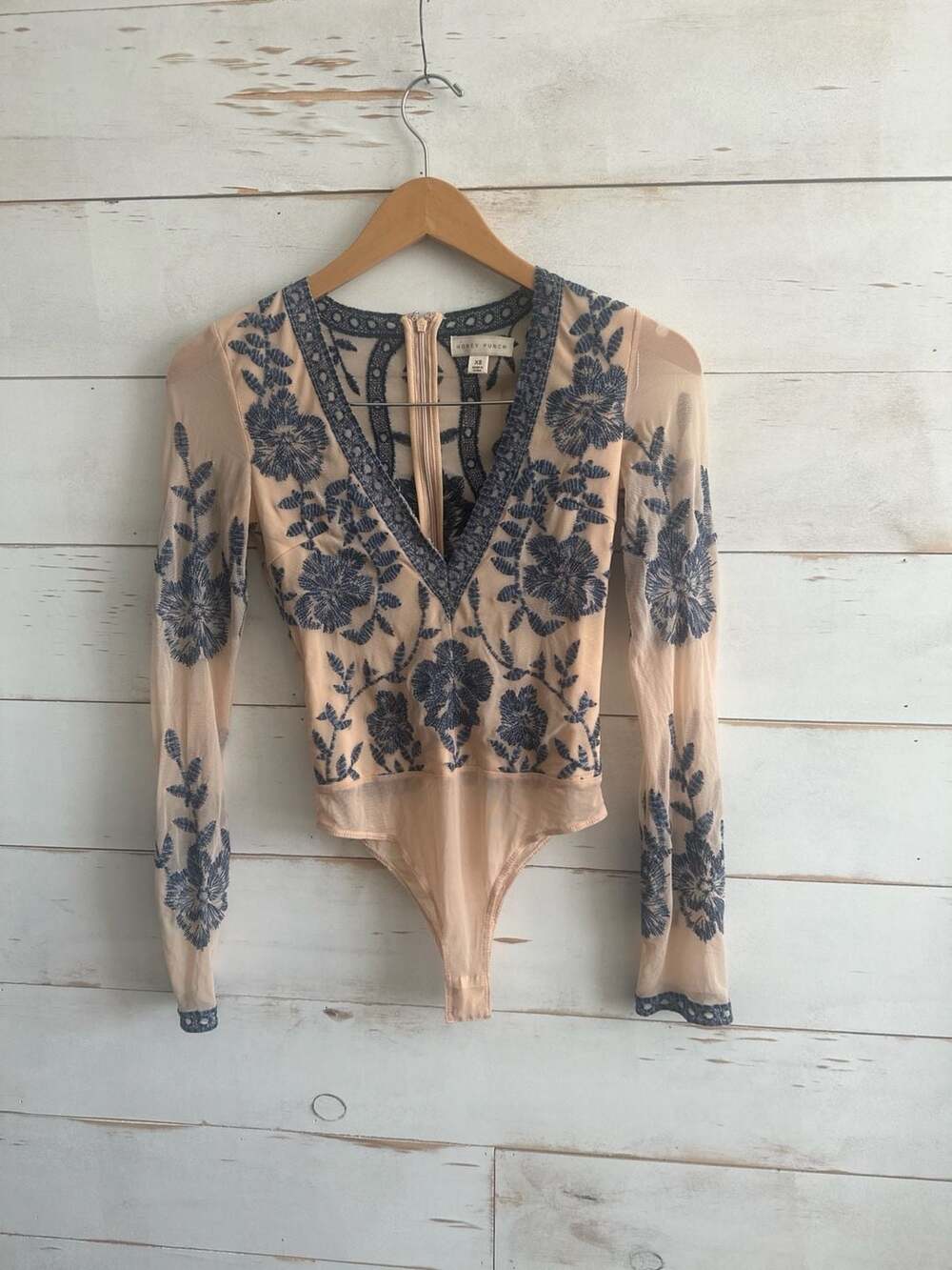 Honey Punch Blue Floral Embroidered Mesh Long Sleeve Bodysuit, Size XS - Picture 2 of 6
